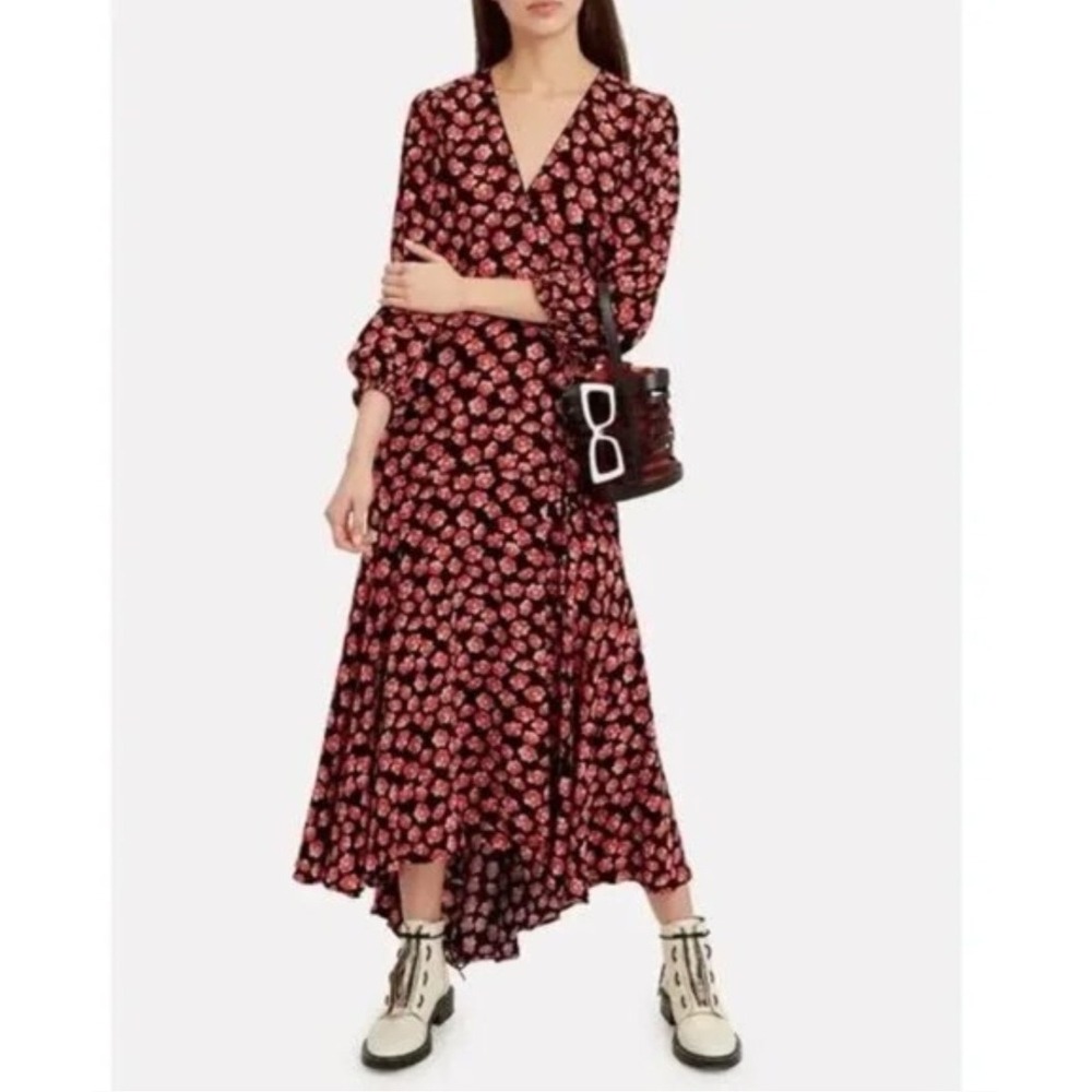Ganni Lindale Crepe Floral Wrap Dress Red Black High Low Midi‎ EU 38 US 6